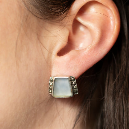 Art Deco Style Geometric White Stone Marcasite Stud Earrings