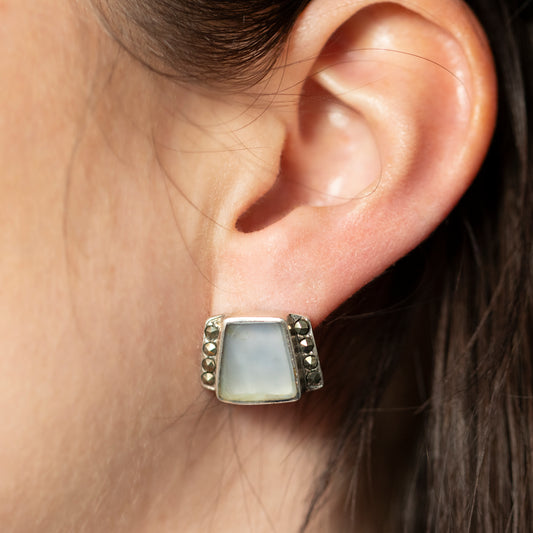 Art Deco Style Geometric White Stone Marcasite Stud Earrings