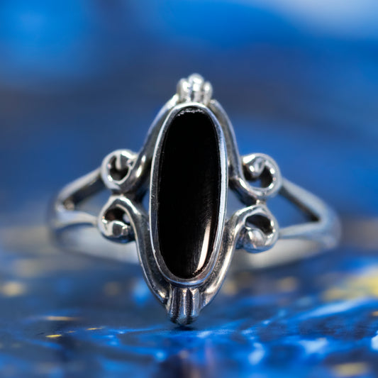 Vintage Style Oval Black Onyx Scroll Ring