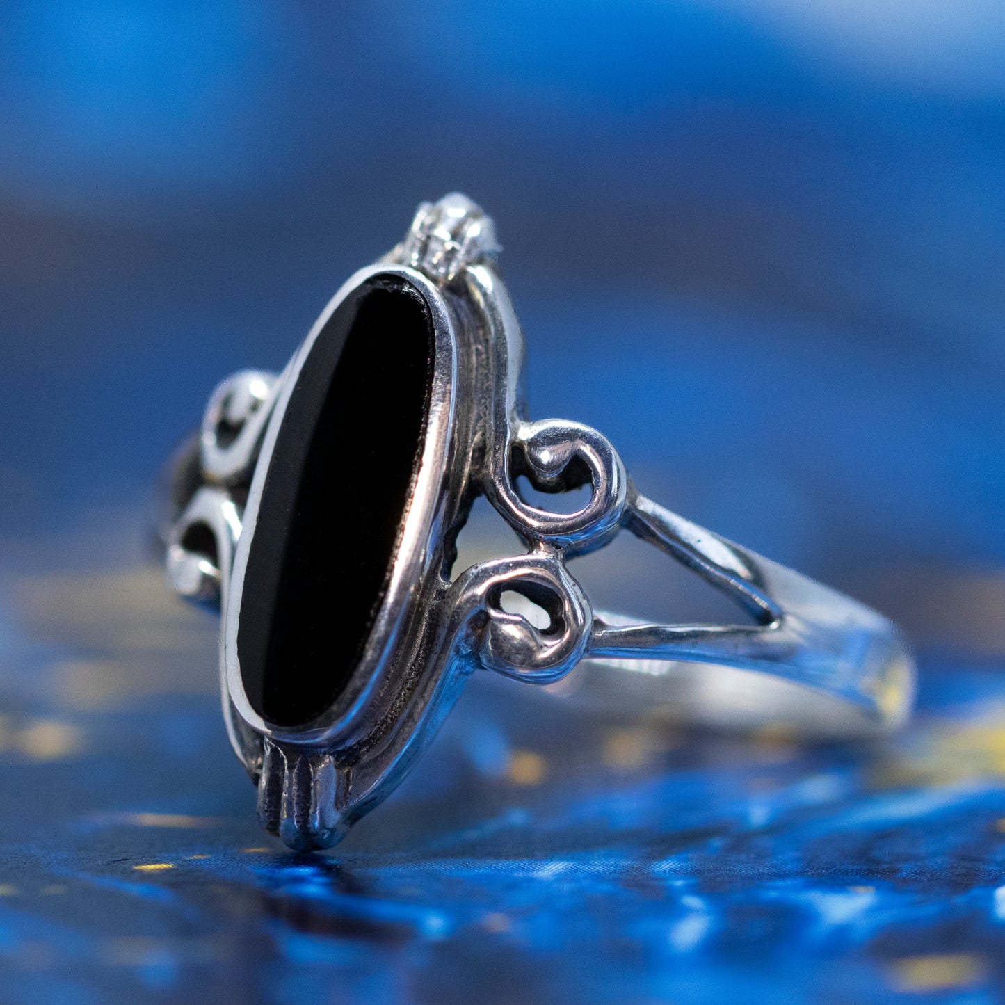 Vintage Style Oval Black Onyx Scroll Ring