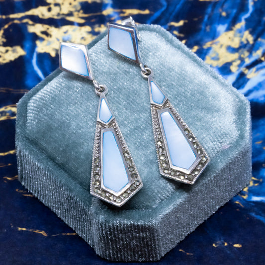 Art Deco Style Blue Mother of Pearl & Marcasite Drop Earrings
