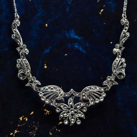 Art Deco Style Floral Design Marcasite Collar Necklace