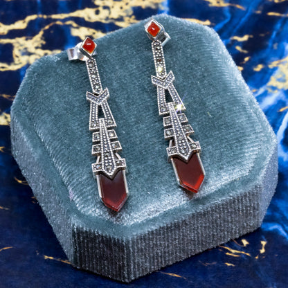 Art Deco Style Red Agate & Marcasite Drop Earrings