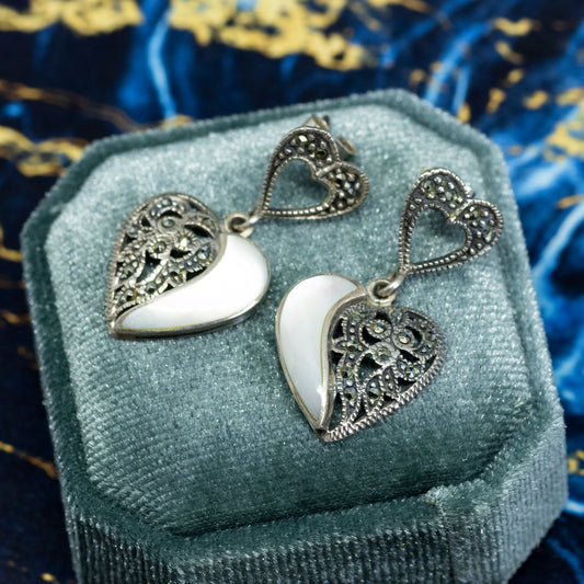 Marcasite & Mother of Pearl Heart Drop Earrings