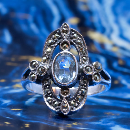 Edwardian-Style Blue Topaz & Marcasite Cluster Ring