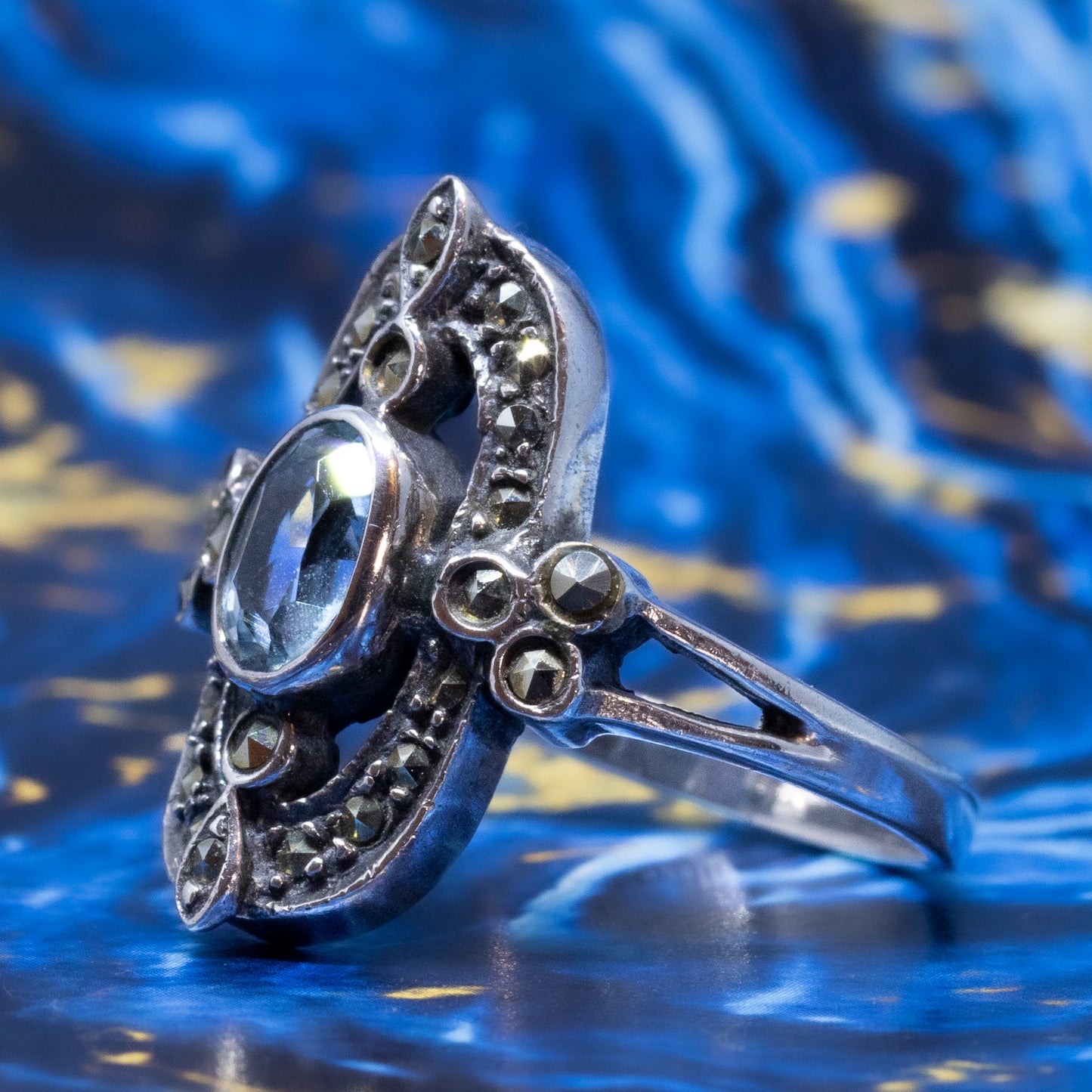 Edwardian-Style Blue Topaz & Marcasite Cluster Ring