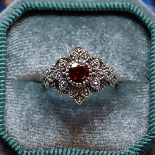 Vintage-Style Garnet & Marcasite Floral Cluster Ring