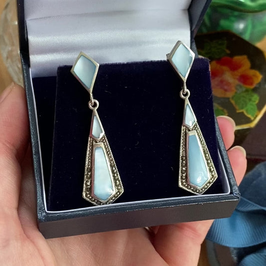 Art Deco Style Blue Mother of Pearl & Marcasite Drop Earrings