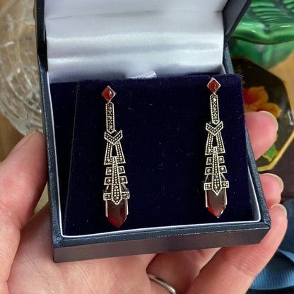 Art Deco Style Red Agate & Marcasite Drop Earrings
