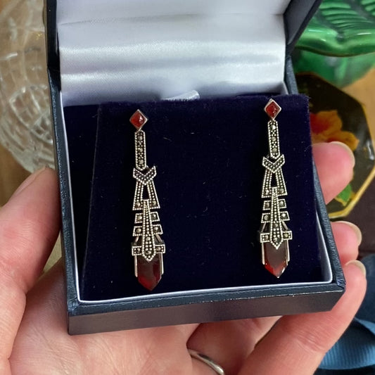 Art Deco Style Red Agate & Marcasite Drop Earrings